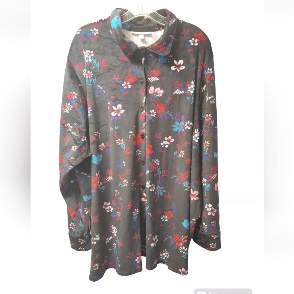 Woman Within Velour Top Blouse Woman Plus Sz 26W 28W 5X 6X Floral Button NWOT